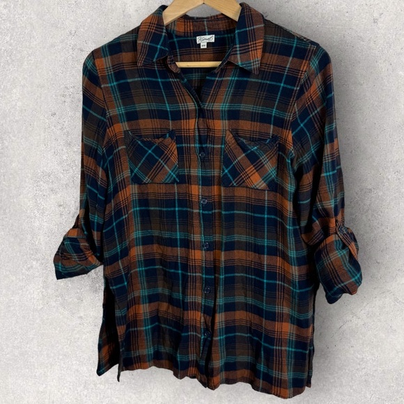 Kismet Brown Plaid Button Down Collared Flannel Shirt Size Medium Rayon Boho M - Picture 1 of 11